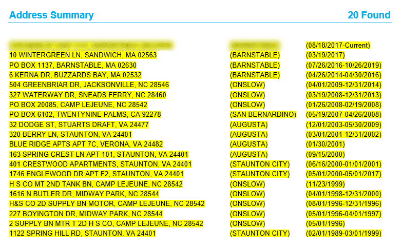 Patch Baker's address history dating back to 1989