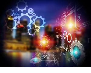 A design indicating the work of innovators using gears, engineering blueprints, and lights that indicate new ideas.