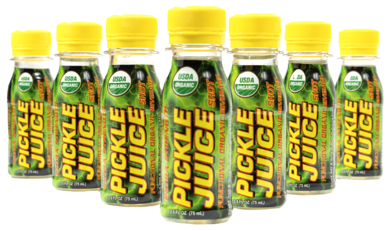 Image of Pickle Juice® Extra Strength shots, showcasing the compact 2.5-ounce bottles with bold green and yellow labels. The shots are designed for athletes and anyone seeking quick relief from muscle cramps and dehydration, with a focus on delivering up to 15 times the electrolytes of traditional sports drinks.
