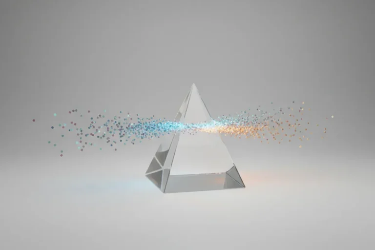 Glass prism splits a stream of colorful data dots into two paths—one bright and ordered, one dim and scattered—on a soft neutral background.