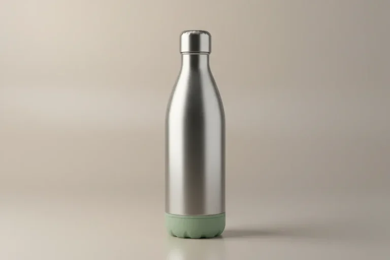 Minimalist stainless steel reusable water bottle on a soft neutral background with gentle light and a clean shadow.