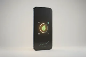 Sleek smartphone showing an eco-tech dashboard with a glowing green leaf icon on a soft neutral background.