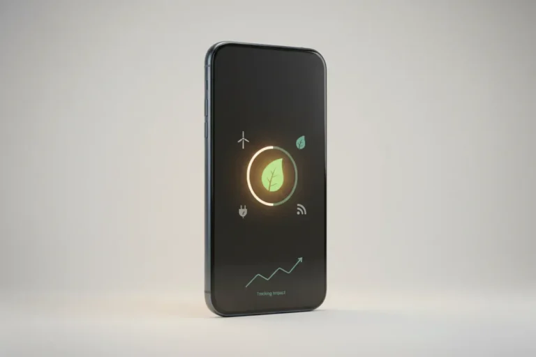 Sleek smartphone showing an eco-tech dashboard with a glowing green leaf icon on a soft neutral background.