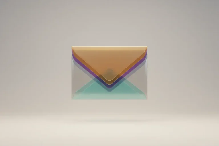 Layered translucent envelope in segmented colors on a soft neutral background, symbolizing email list segmentation.