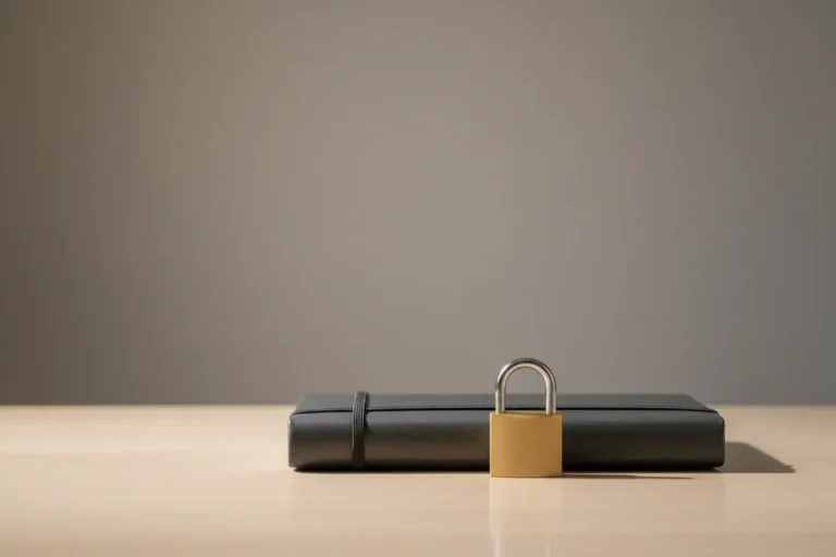 Closed leather notebook with a small brass lock on a neutral desk, symbolizing client confidentiality in business coaching.