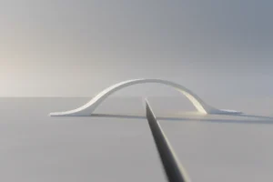 Minimalist white arch bridge in soft fog spans a gap, symbolizing overcoming obstacles and a clear path forward.