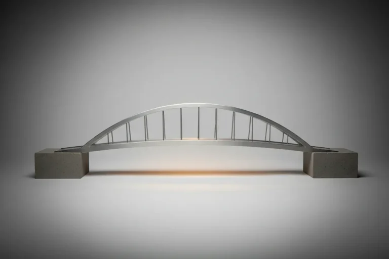 Minimalist metal bridge model linking two stone blocks on a soft gray background, symbolizing connection with external stakeholders.