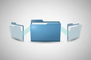 Two duplicate folders merge into one central folder, symbolizing consolidating pages to fix keyword cannibalization.