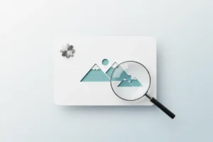 Magnifying glass over a clean image thumbnail with a subtle gear icon on a soft gradient background, symbolizing image SEO.