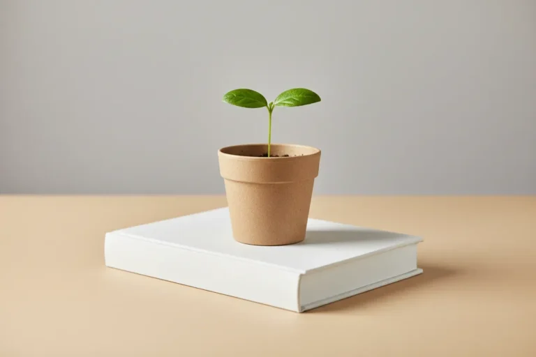 Green seedling in a small kraft pot centered on a closed white book against a soft gray background, symbolizing learning about climate action.