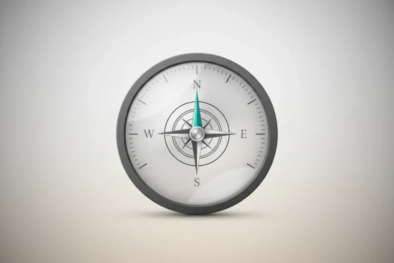 Minimalist gauge with a central compass rose, symbolizing company values guiding performance on a neutral background.