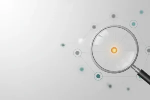 Magnifying glass highlighting a glowing node in a minimal keyword cluster on a soft neutral background.
