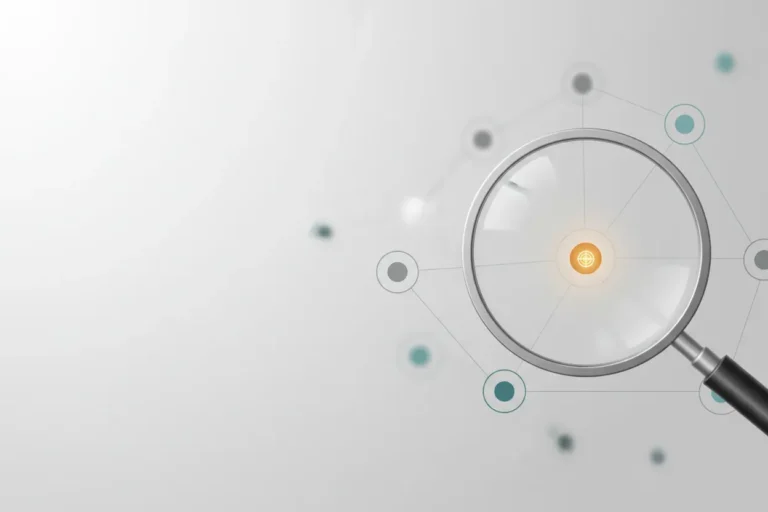 Magnifying glass highlighting a glowing node in a minimal keyword cluster on a soft neutral background.