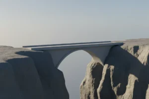 Minimalist arch bridge spanning a rocky gap under a soft sky, focal point on the bridge, suggesting a clear path over a challenge.