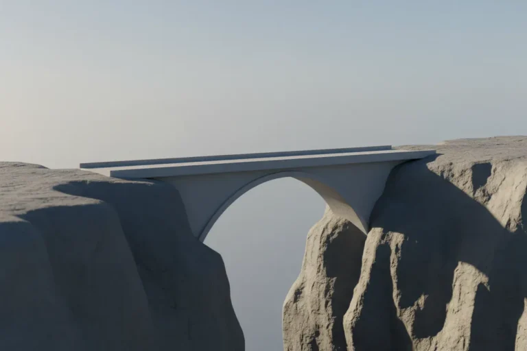 Minimalist arch bridge spanning a rocky gap under a soft sky, focal point on the bridge, suggesting a clear path over a challenge.