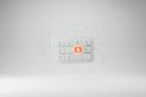 Minimalist email card with a glowing recommended product tile, data lines converging to it on a soft neutral background.