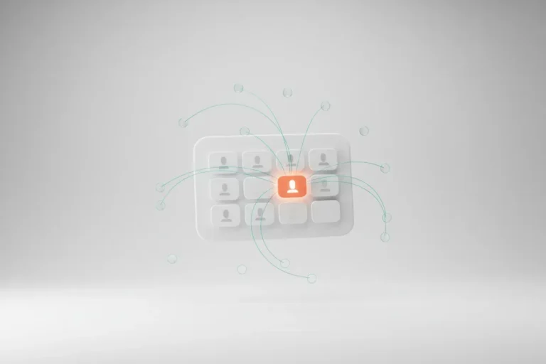 Minimalist email card with a glowing recommended product tile, data lines converging to it on a soft neutral background.