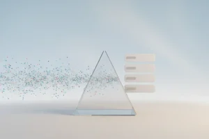 Glass prism on neutral background sorting colorful inputs into a neat, ordered stack, symbolizing social media algorithm ranking.