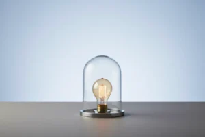Glowing lightbulb under a glass dome on a neutral background, symbolizing protected ideas and intellectual property.