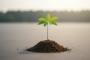 Young tree sapling in a mound of soil on a soft, neutral background, symbolizing reforestation carbon offsetting.