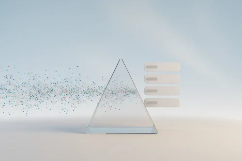 Glass prism on neutral background sorting colorful inputs into a neat, ordered stack, symbolizing social media algorithm ranking.