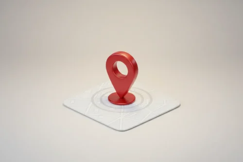 3D location pin on a minimal map tile with soft ripples, symbolizing precise local SEO optimization.